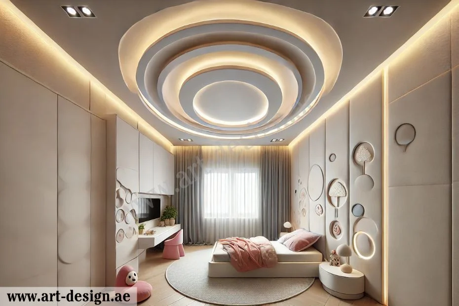 ديكورات جبس غرف نوم اطفال 3 تصميم جبس بورد على شكل دائرة في السّقف