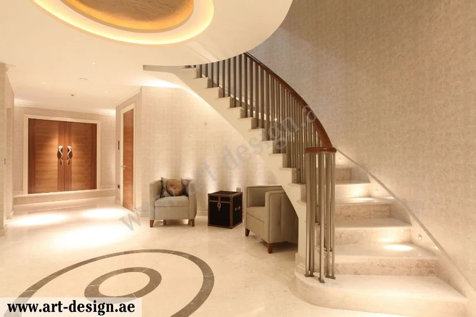 أحدث ديكورات جبس اسقف درج في الإمارات 3 جبسيات الدرج بأشكال هندسية كالدوائر والمربع والمستطيل