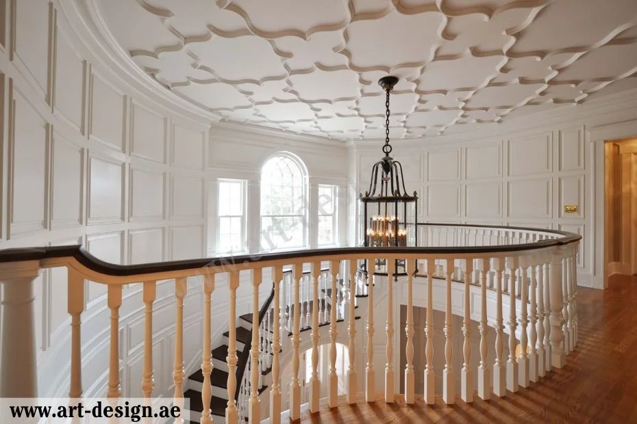 أحدث ديكورات جبس اسقف درج في الإمارات 4 ديكور سقف الدرج من الجبس بورد بشكل وردة باللون الأبيض