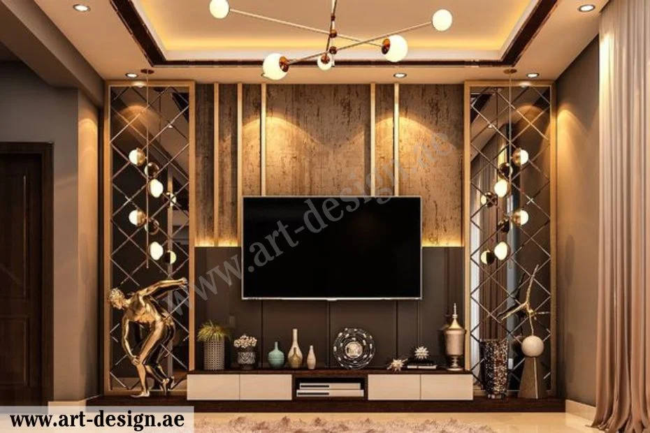 تصاميم ديكور صالات جلوس مع التلفاز في الامارات 8 أشرطة لاصقة لامعة بزخارف هندسية