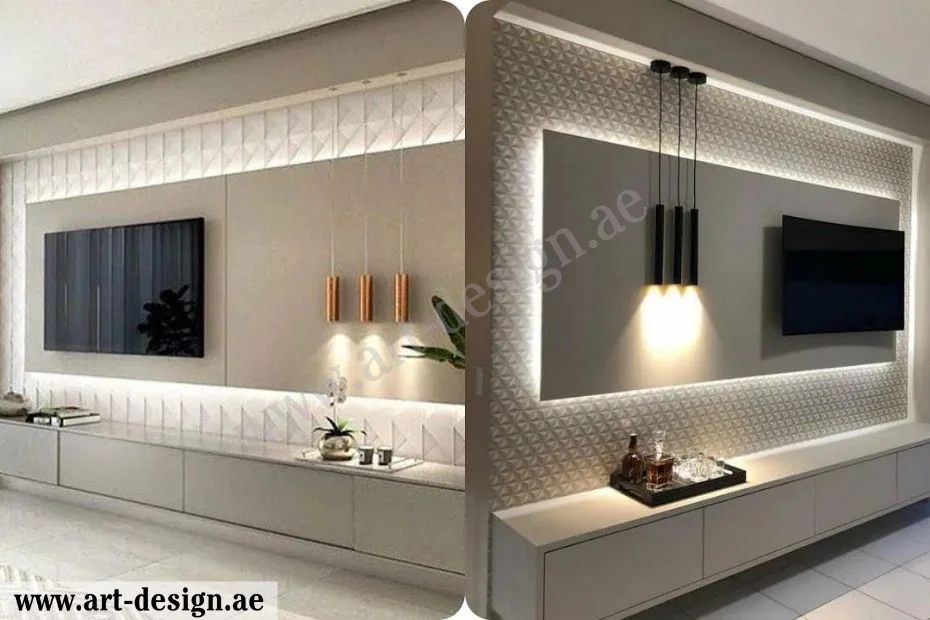 تصاميم ديكور صالات جلوس مع التلفاز في الامارات 4 الجبسية بنقوش مميزة وإضاءة داخلية