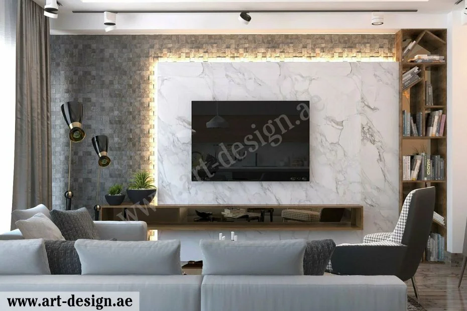تصاميم ديكور صالات جلوس مع التلفاز في الامارات 6 الرخامية بألوان وتعريقات جذابة