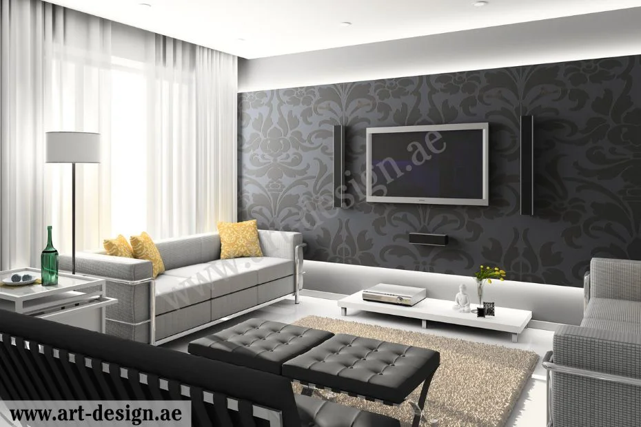 تصاميم ديكور صالات جلوس مع التلفاز في الامارات 7 ورق جدران ثلاثي الأبعاد