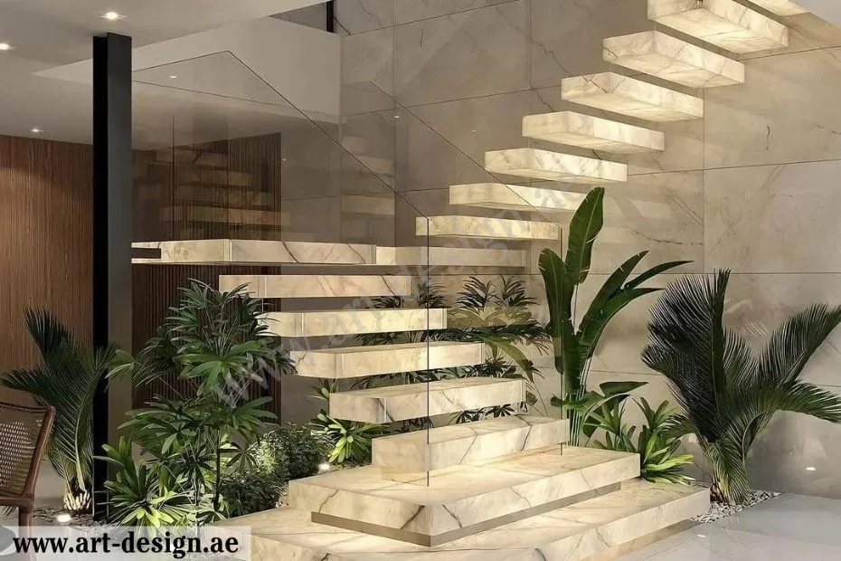 تصميم درج سلم لامع بإضافة مواد ذات لمعان وبريق للدرجات وللجدار