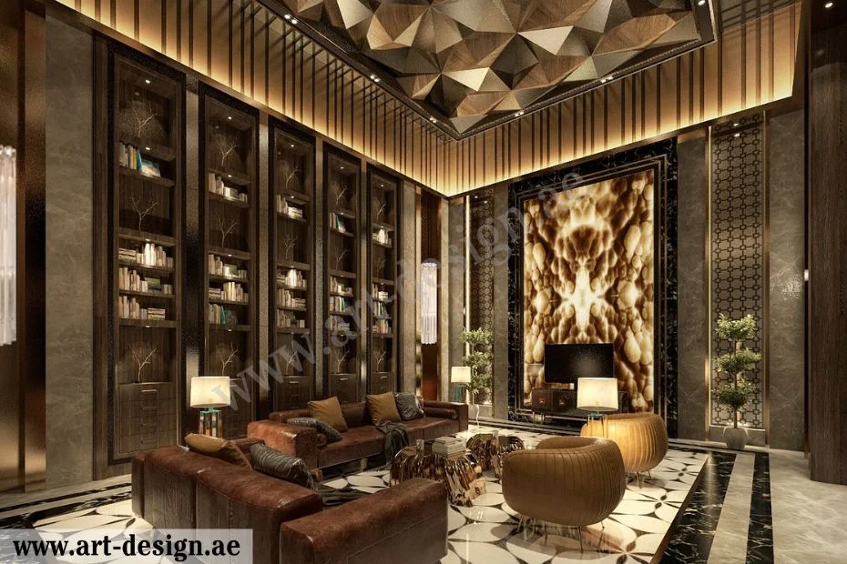 ديكورات غرف جلوس فخمة الإمارات دبي 4 اختيار اللوحات الضخمة ووضعها على الجدار الرئيسي