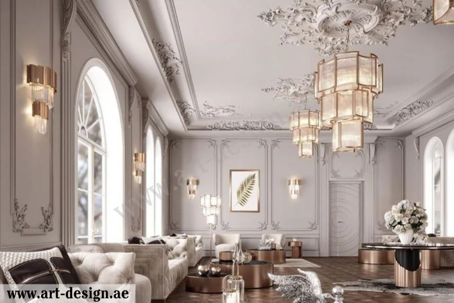 ديكورات غرف جلوس فخمة الإمارات دبي 3 اعتماد الديكورات الجبسية للأسقف ذات النقوش والزخارف