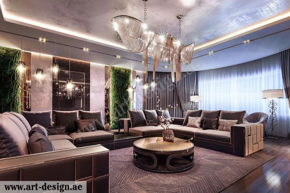 ديكورات غرف جلوس فخمة الإمارات دبي 2 تصميم الستائر من المخمل والدانتيل والحرير