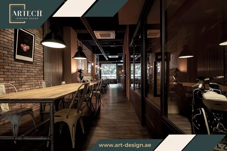 تصميم  مطعم كلاسيكي يستخدم في ديكوراته الخشب والجلد والمخمل بألوان داكنة دافئة كالبني