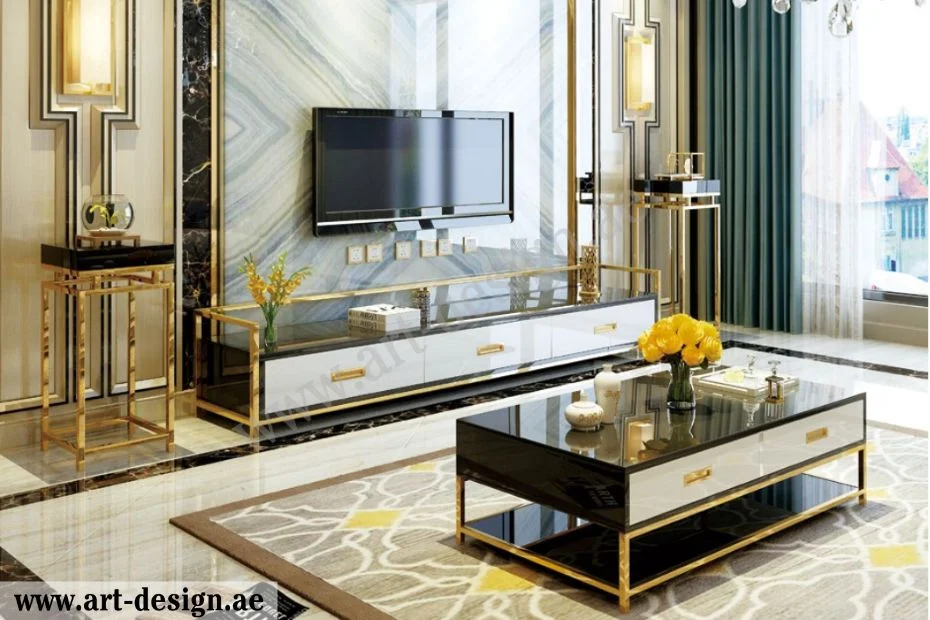 أفكار مبتكرة لتصاميم طاولات تلفزيون تجذب الأنظار 8 طاولات التلفزيون من المعدن باللون الذهبي