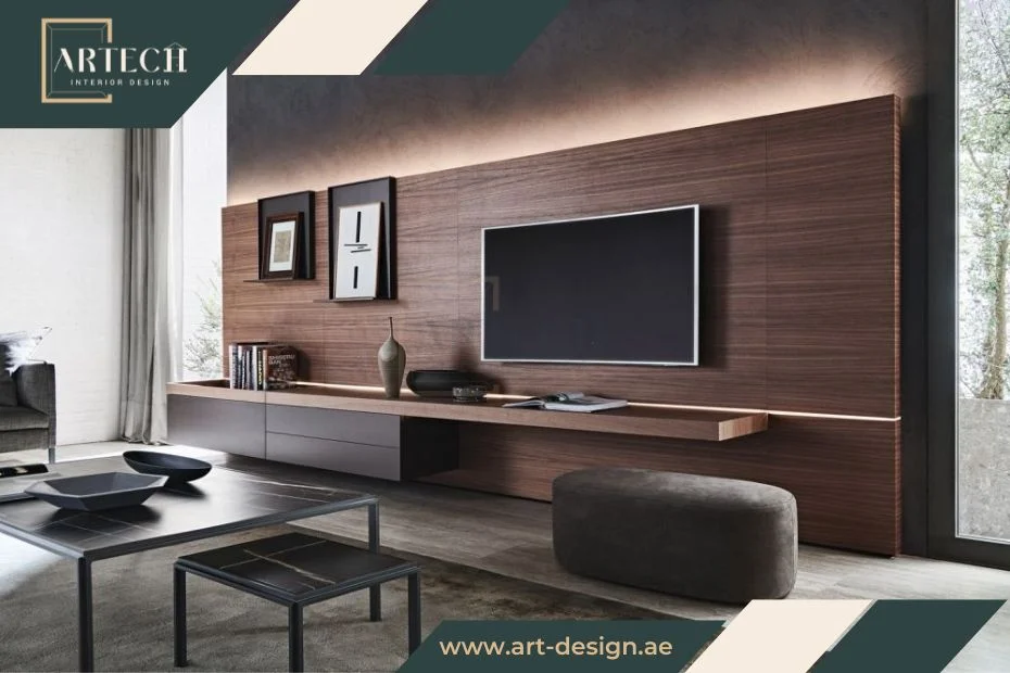 أفكار مبتكرة لتصاميم طاولات تلفزيون تجذب الأنظار 8 طاولة بتصميم عصري مع وحدات تخزين وأدراج