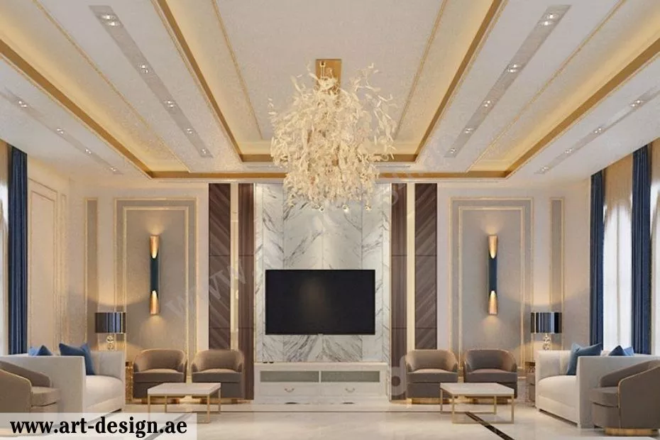 فيما يتعلق بالجدران، فتزين بألواح الجبس بورد والديكورات الجبسية