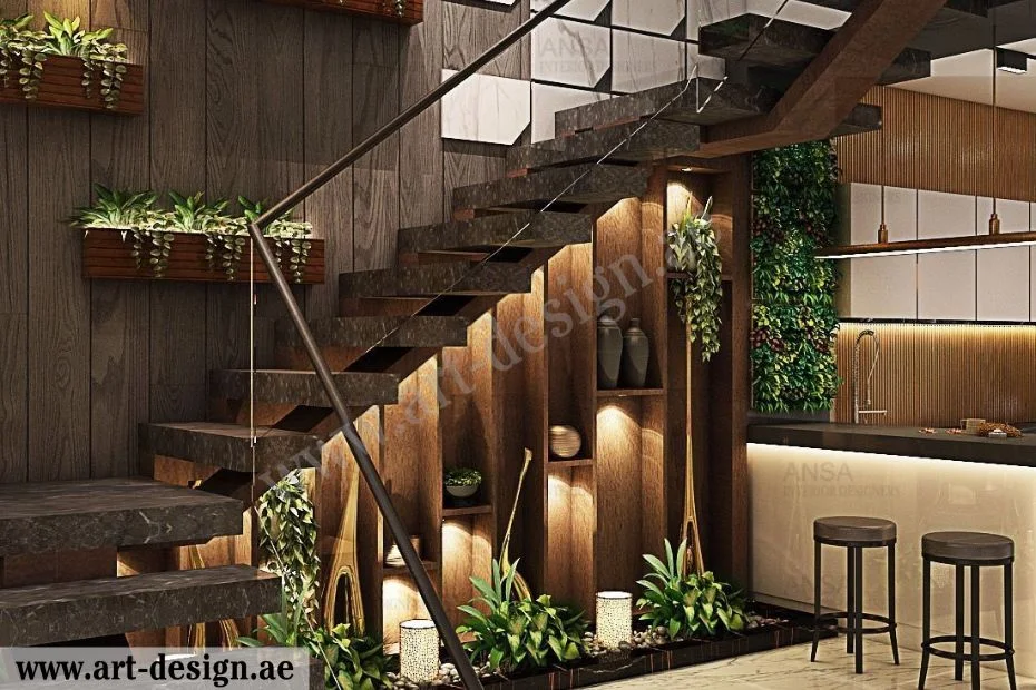 أفضل أفكار وخدمات تصميم ديكور تحت الدرج الإمارات دبي 4 أشجار صناعية مع إضاءة