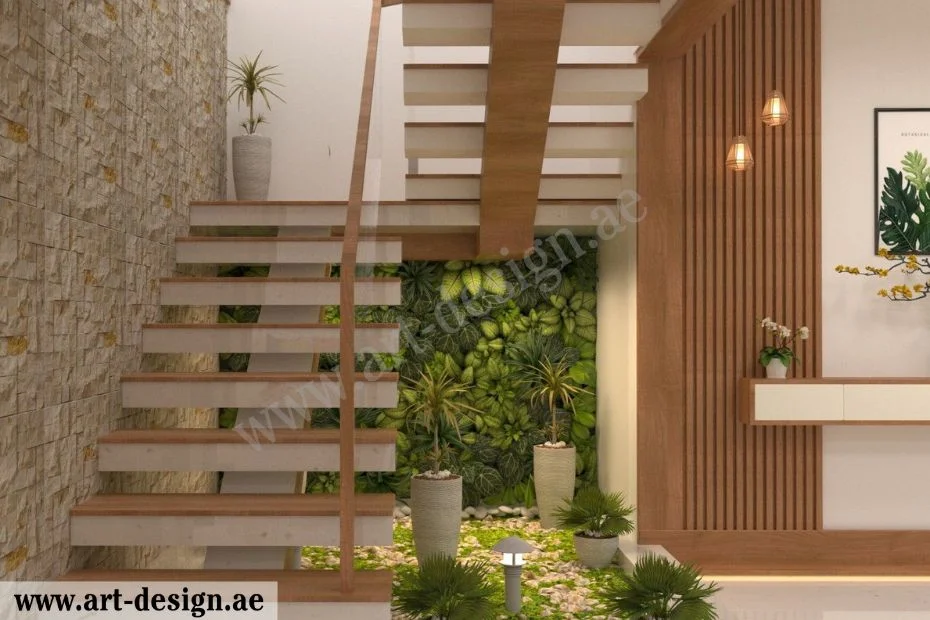 أفضل أفكار وخدمات تصميم ديكور تحت الدرج الإمارات دبي 6 ترتيب بعض أوعية النباتات وإضافة بعض العشب الأخضر الصناعي بينها