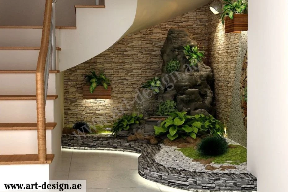 أفضل أفكار وخدمات تصميم ديكور تحت الدرج الإمارات دبي 7 وضع بعض الحصى ونباتات الزينة بشكل نصف دائرة