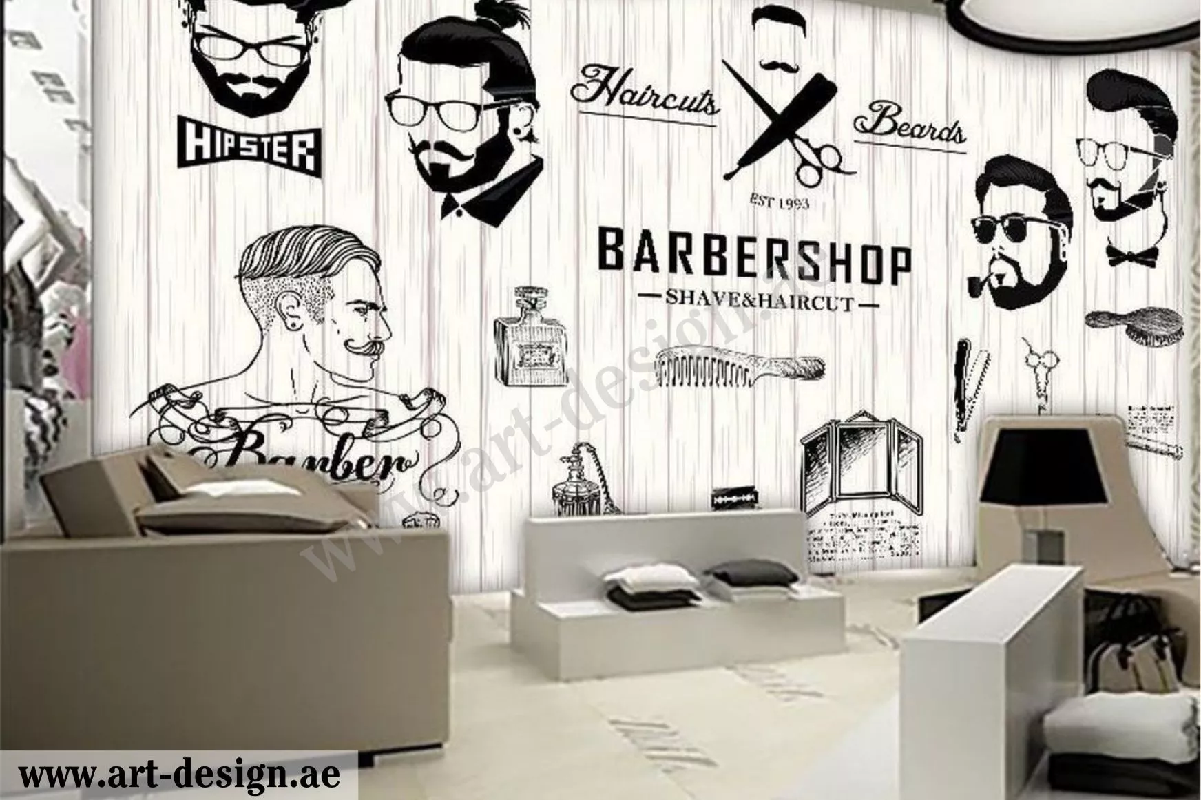 بالصور: كيفية تصميم صالون حلاقة رجالي مميز في الإمارات 7 من المناسب تنفيذ رسومات جدارية في مكان الاستقبال