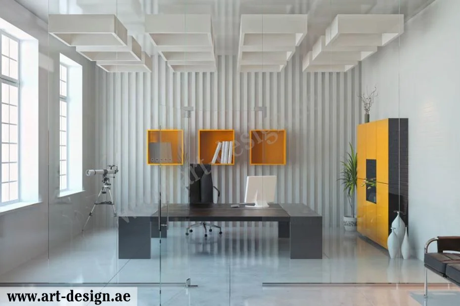 لمسة من التميز والأناقة: تصميم مكاتب مودرن 3 ألوان المكتب