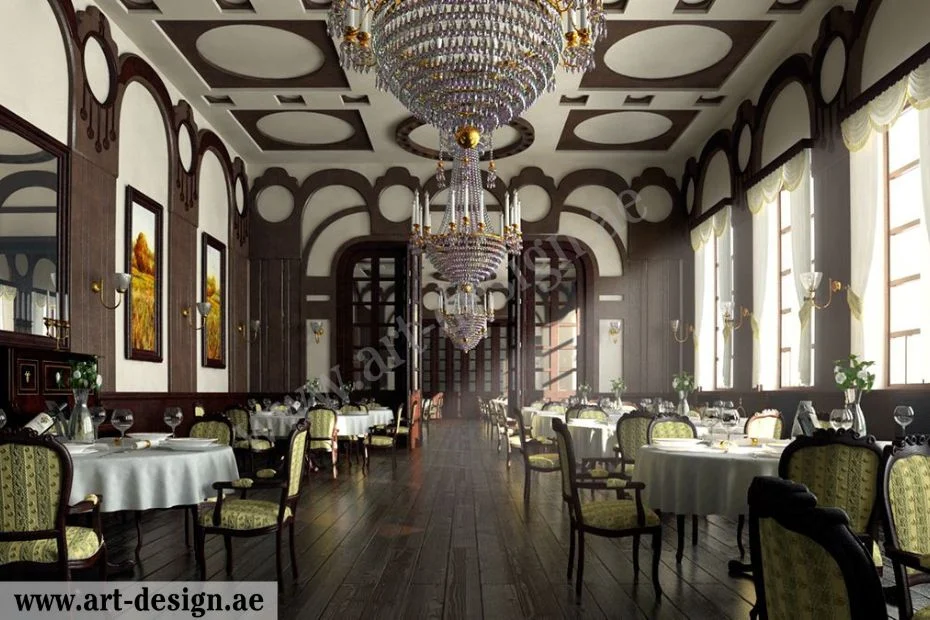 تصميم مطعم شعبي بأسلوب عصري في الامارات 3 استخدام زخارف بطابع عربي على الجدران والأسقف