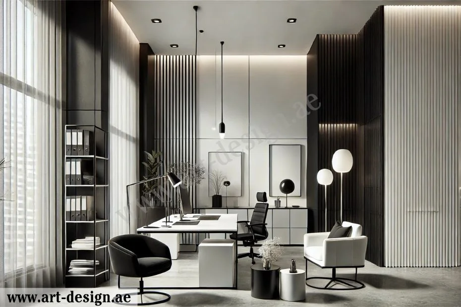 لمسة من التميز والأناقة: تصميم مكاتب مودرن 8 المزج بين اللونين الأسود والأبيض